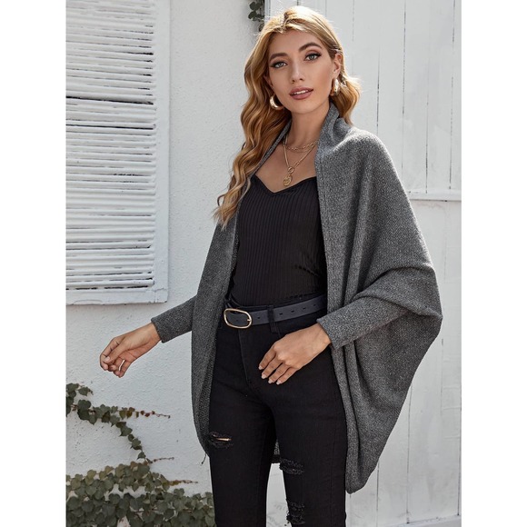 Open Front Dolman Sleeve soft knit cardigan oversized charcoal dark gray - Picture 4 of 5